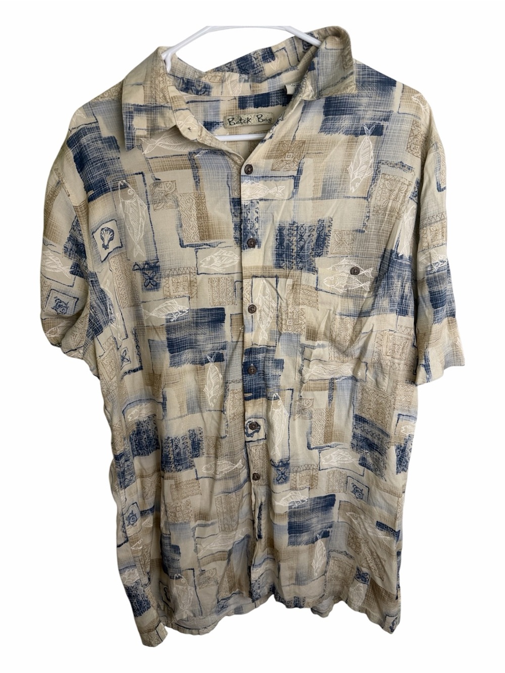 (2286) Batek Bay Men’s Cream and Navy Patchwork Button-Up Hawaii Shirt, Size: LT